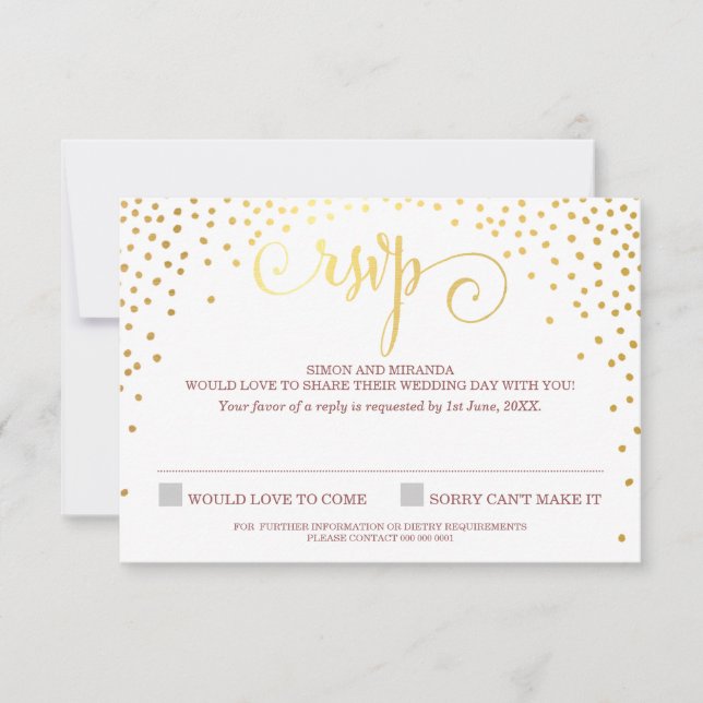 RSVP REPLY elegante lindo mini oro confetti marsal (Anverso)