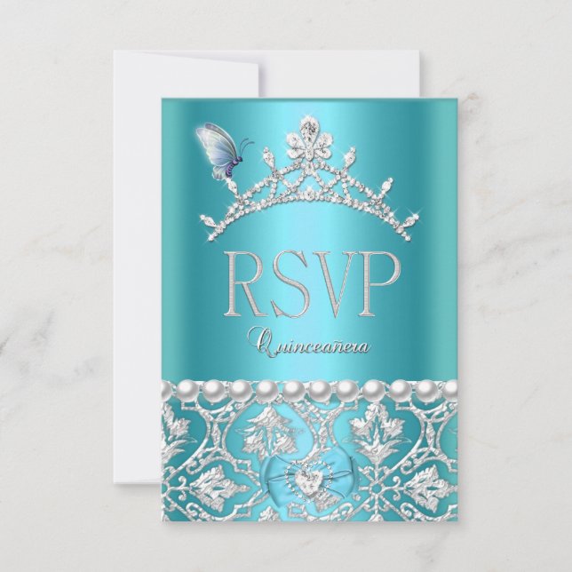 RSVP Reply Quinceanera 15th Blue Damask Butterfly (Anverso)
