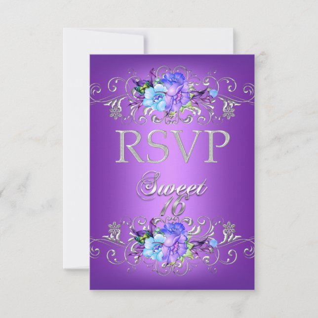 RSVP Responder Dulce 16 Dieciséis Flores Púrpura B (Anverso)