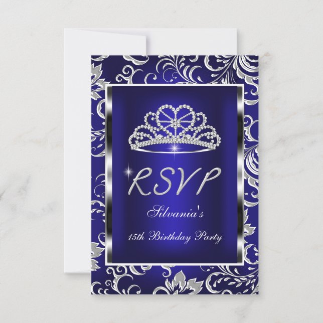 RSVP Responder Quinceanera Dark Blue Damask Silver (Anverso)