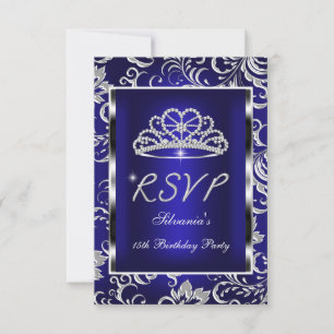 RSVP Responder Quinceanera Dark Blue Damask Silver