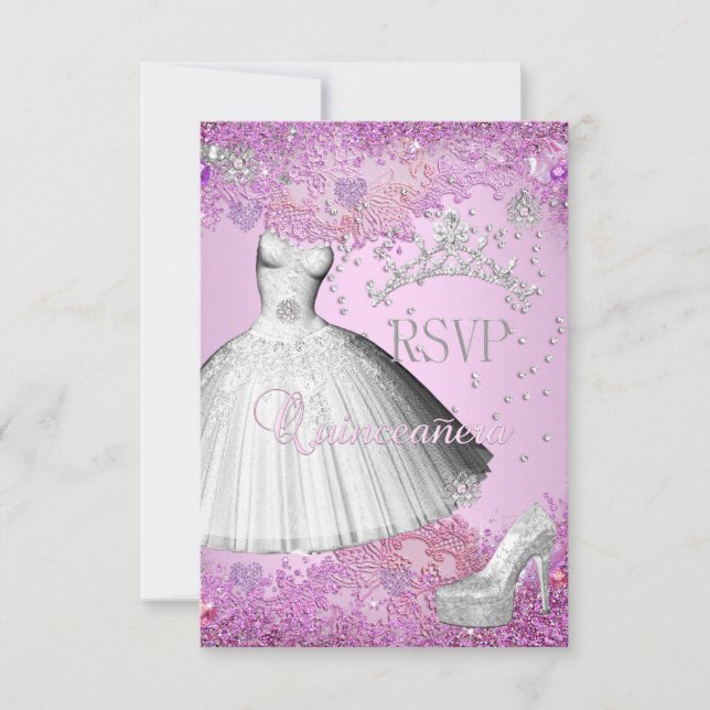 RSVP Responder Quinceanera Tiro Rosa Vestido Zapat (Anverso)
