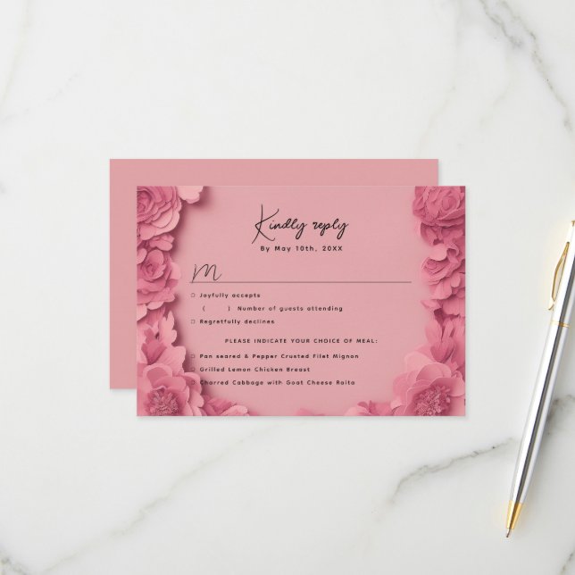 RSVP rosa floral con opciones de comida (Anverso/Reverso In Situ)