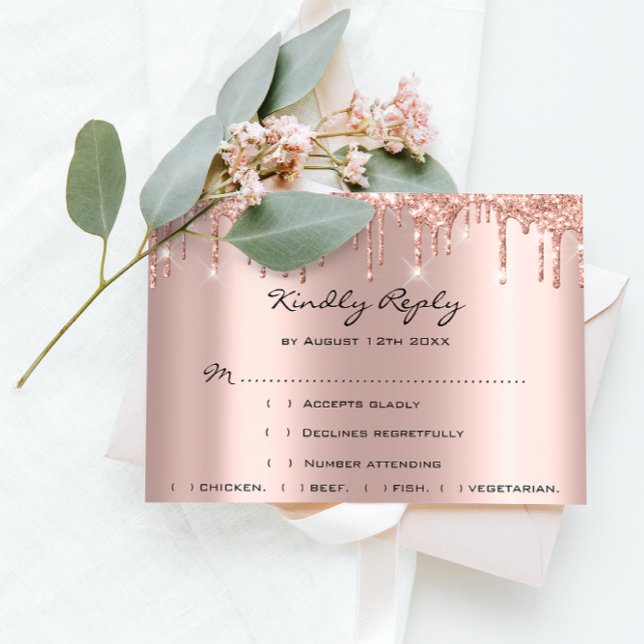 RSVP Rose Weddin Bridal Shower con Brillo y Drips  (RSVP Rose Weddin Glitter Bridal Shower Black Drips)