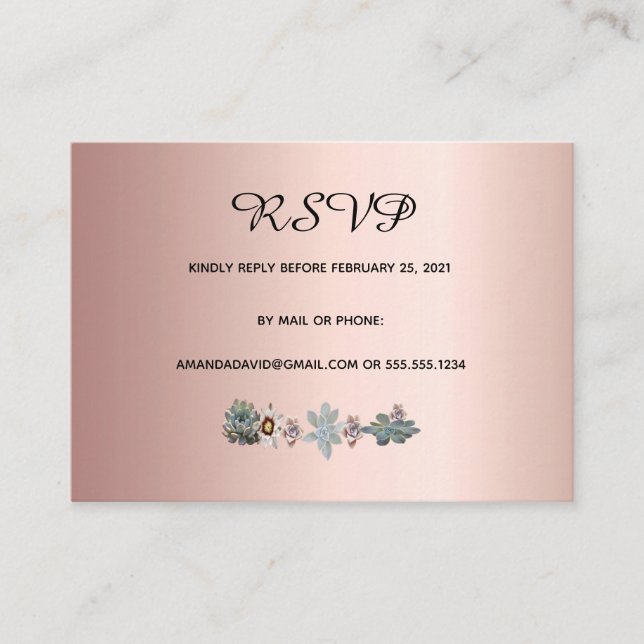 RSVP tarjeta boda flores suculentas oro rosa (Anverso)