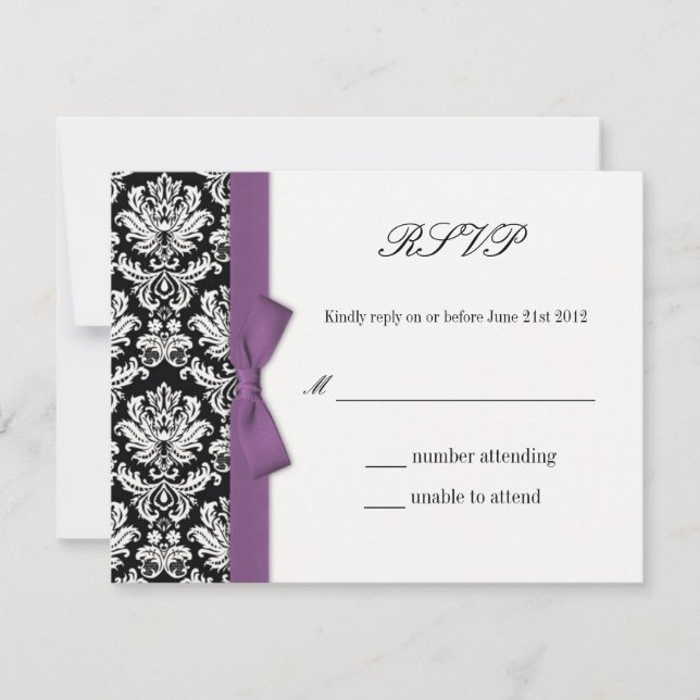 RSVP - Tarjeta de respuesta Boda Damask Purple Bow (Anverso)