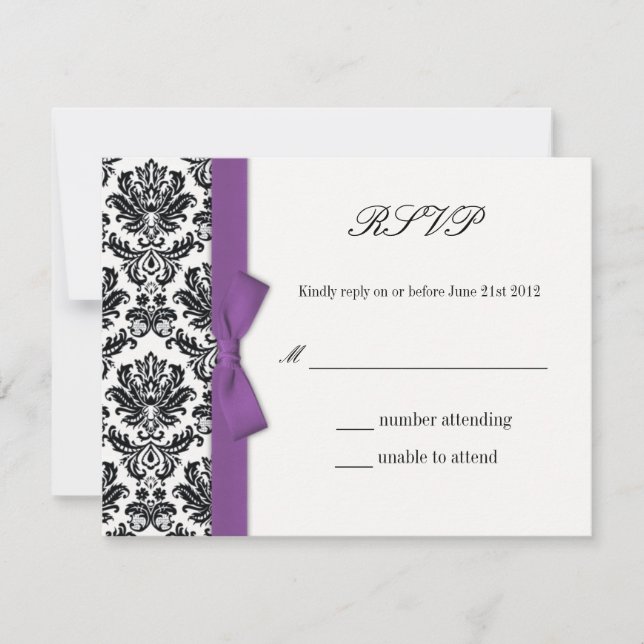 RSVP - Tarjeta de respuesta Boda Damask Purple Bow (Anverso)
