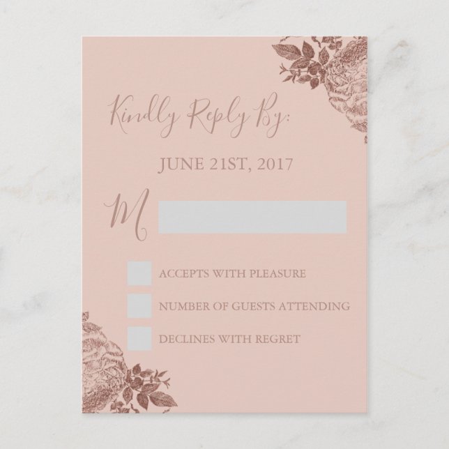 RSVP - Tarjeta de respuesta de Boda rosa Rubor Ros (Anverso)