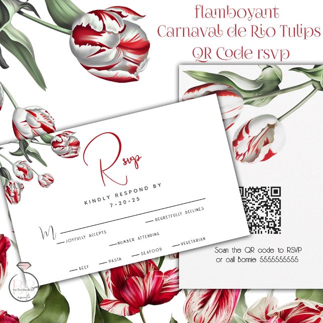 RSVP | Tulipanes florales rojos y blancos Rembrand (Easy Peasy RSVP using  your QR code for your  guests to reply with just a click of their camera/)