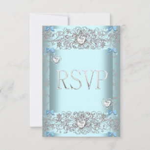 RSVP Verde azulado Blue Damask Wedding White Diamo