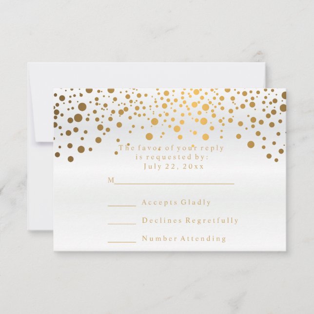 RSVP White Satin & Confetti Gold Dot Boda (Anverso)