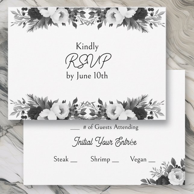 RSVP y comidas de boda botánica en negro y blanco (Subido por el creador)