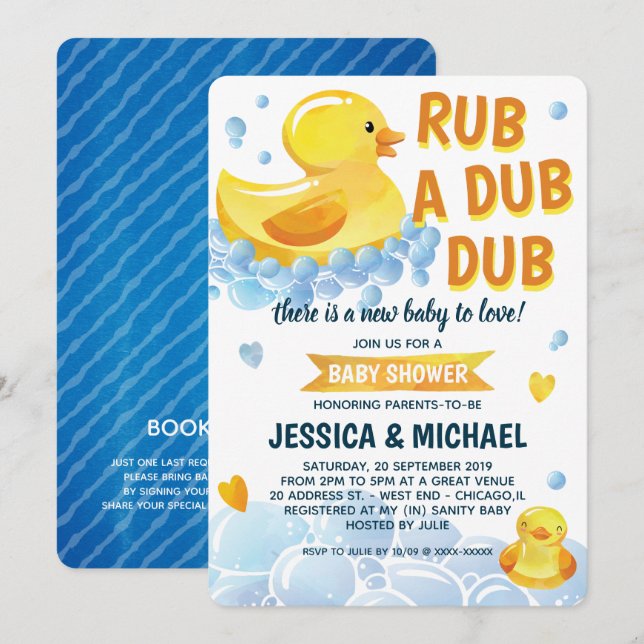 Rub a Dub Dub Rubber Duck Invitación de Baby Showe (Anverso / Reverso)