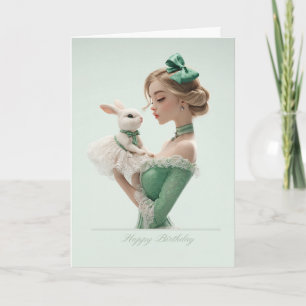 Rubia elegante en verde con tarjeta de cumpleaños 