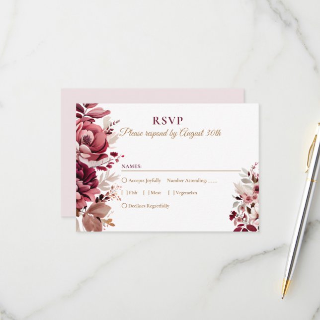 Rubor Burgundy Floral Modern Wedding RSVP (Anverso/Reverso In Situ)