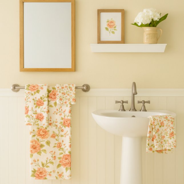 Rubor de Melocotón Rosa Floral   (Peach blush rose towel set mockup.)