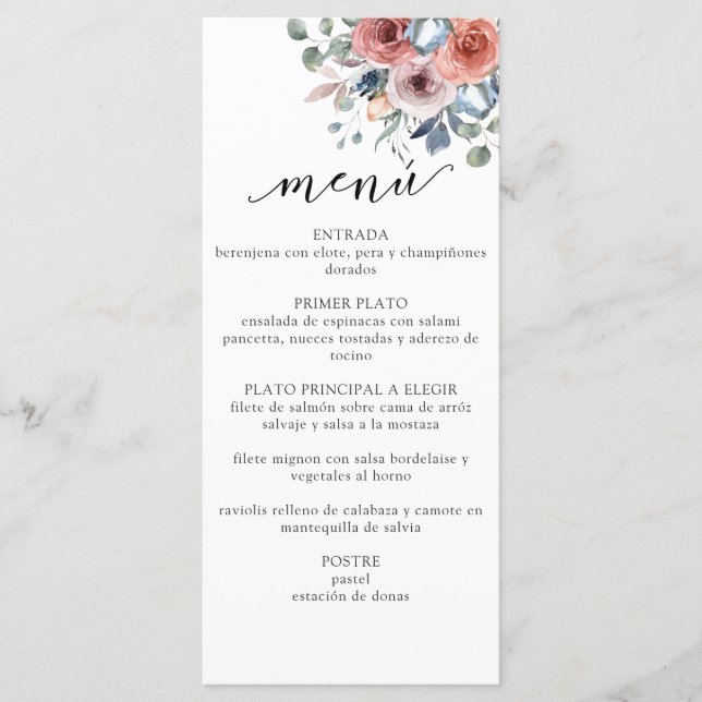 Rubor Español, Blue Blissful Floral Elegent Menu (Anverso)