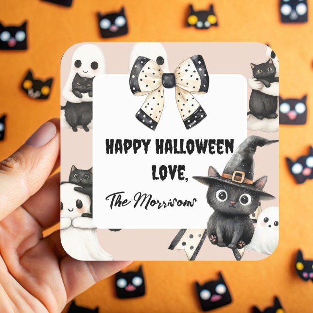 Rubor Fantasmas y Gatos de Halloween Pegatina Cuad (Pink Cats and Ghosts Square Sticker)