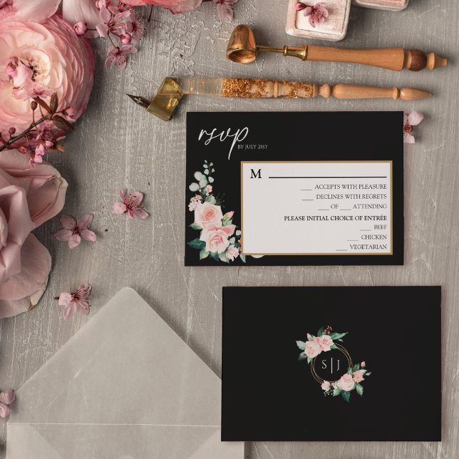 Rubor Floral Black Boda Menu Tarjeta RSVP (Subido por el creador)