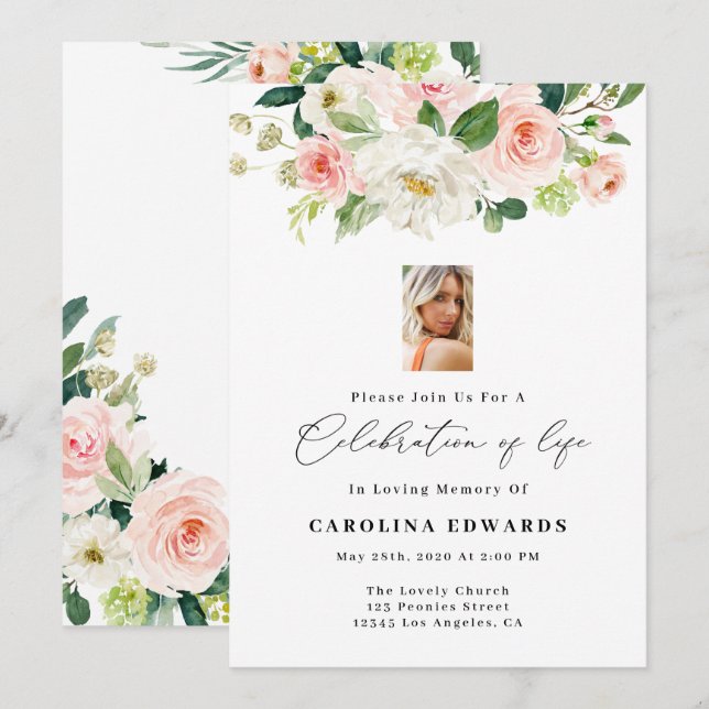 Rubor Floral Celebración De Invitaciones A La Vida (Anverso / Reverso)