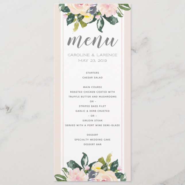 Rubor floral de primavera | Tarjeta de menú Boda (Anverso)