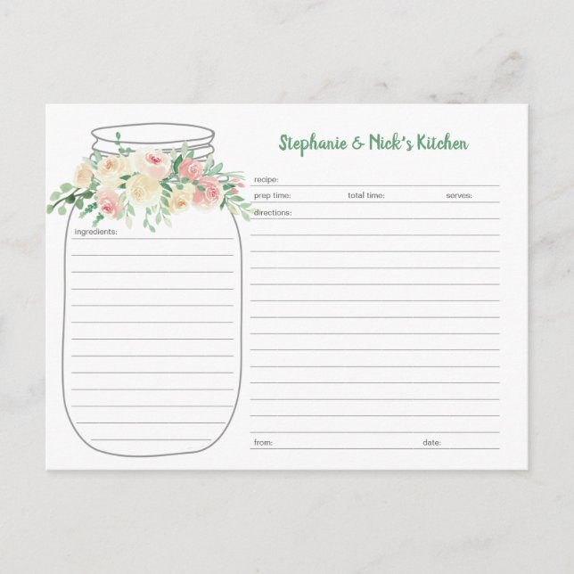 Rubor Floral Mason Jar Nuevas Tarjetas de Receta (Anverso)