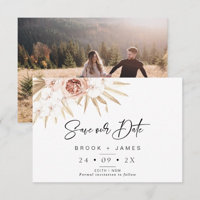 Rubor Floral Palm Boho Wedding Guardar La Tarjeta  (Anverso / Reverso)
