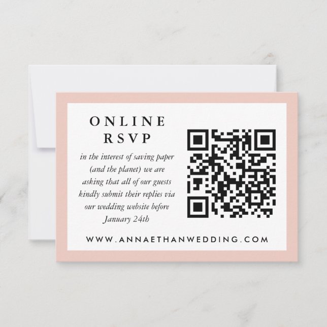 Rubor Frame Boda código QR Tarjeta RSVP en línea (Anverso)