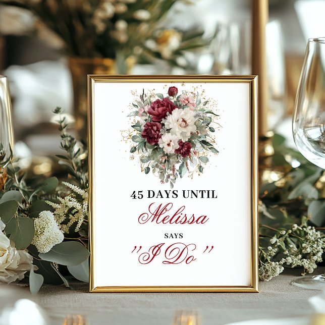 Rubor Granate Cuenta Regresiva Señal Nupcial (Maroon Blush Burgundy Countdown Sign Bridal)