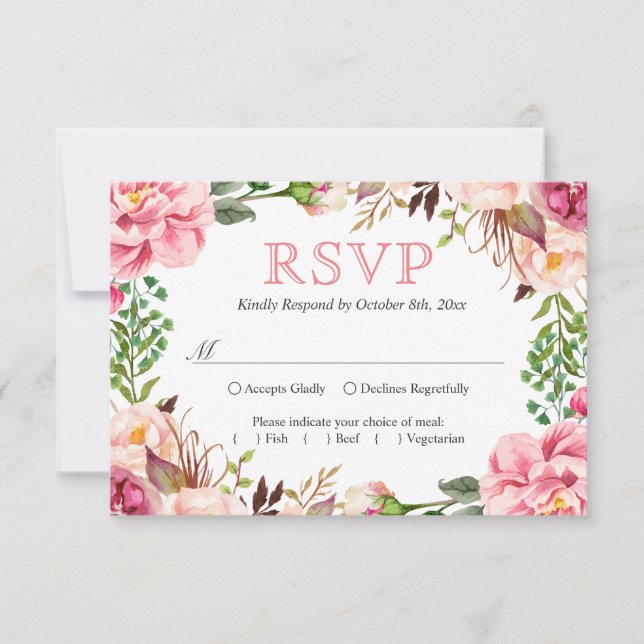 Rubor Moda rosa Floral Wreath Wedding RSVP (Anverso)