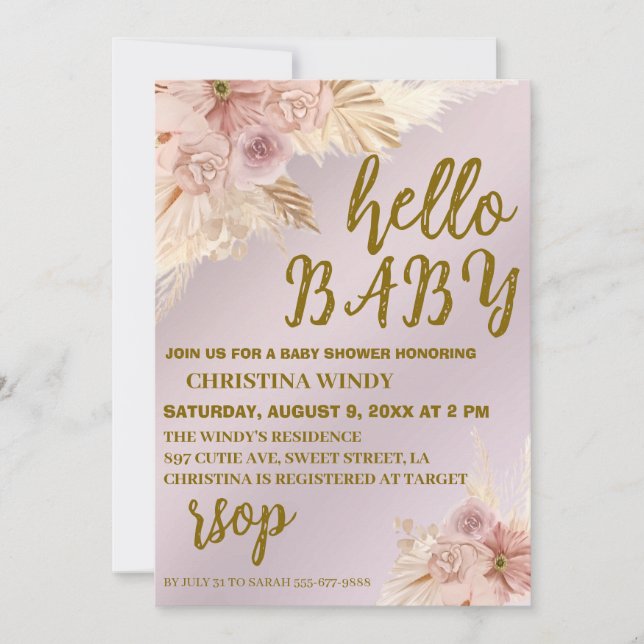 Rubor Pampas Rosa Baby Shower invita a invitación (Anverso)
