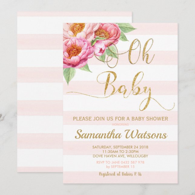 Rubor Peony Floral Oh Chica de invitación Baby Sho (Anverso / Reverso)