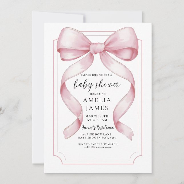 Rubor Pink Bow Baby Shower Invitación editable (Anverso)