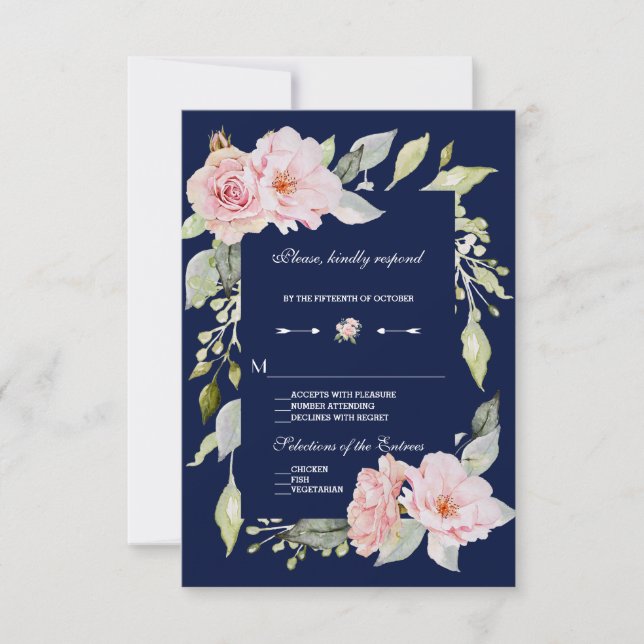 Rubor Pink Floral Bloom Navy Blue Wedding RSVP (Anverso)