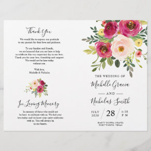 Rubor Pink Florals, tarjeta de programa de boda pl