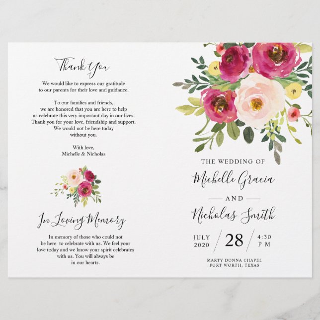Rubor Pink Florals, tarjeta de programa de boda pl (Anverso)