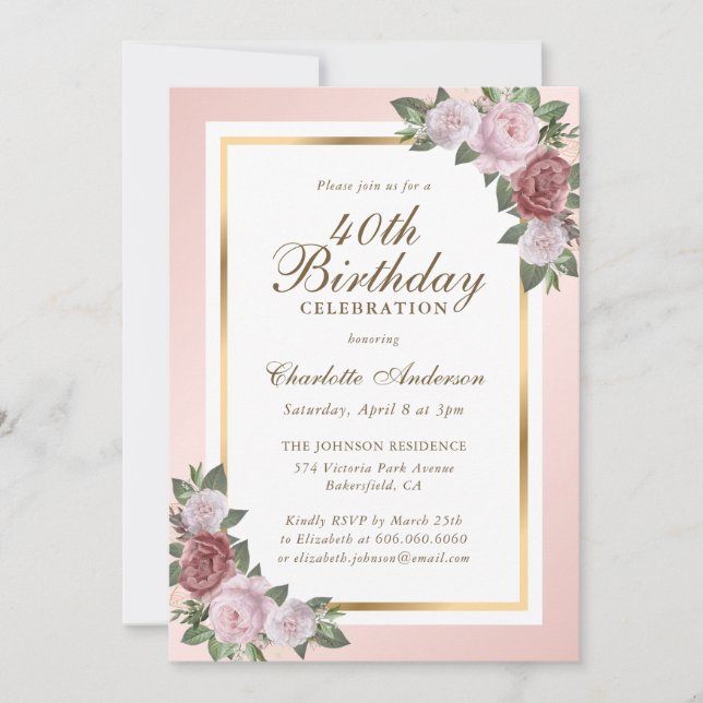 Rubor Pink Gold Floral 40 invitaciones por cumplea (Anverso)