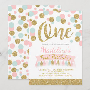 Rubor Pink Mint And Gold Invitación al primer cump