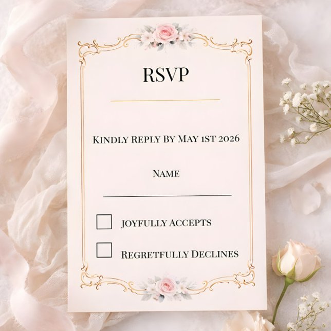 Rubor Rococó (Rococco style luxury blush pink with gold ornate floral design RSVP card)