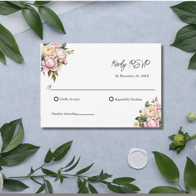 Rubor Rosa Blanco Roses Floral Elegante Boda RSVP (Blush Pink White Cream Roses Wedding RSVP Card)