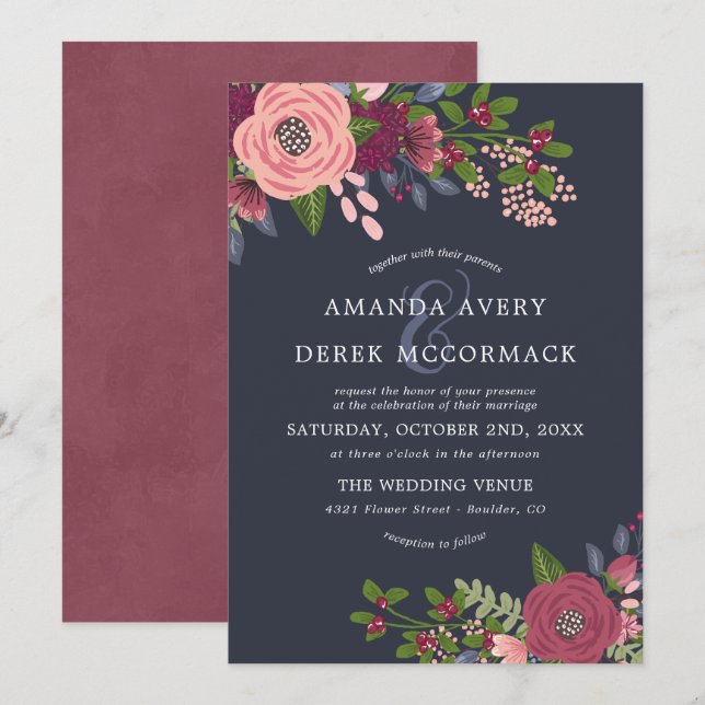 Rubor y Borgoña - Invitación a la boda azul oscura (Anverso / Reverso)