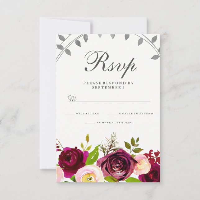 Rubor y Burgundy Floral Wedding RSVP (Anverso)