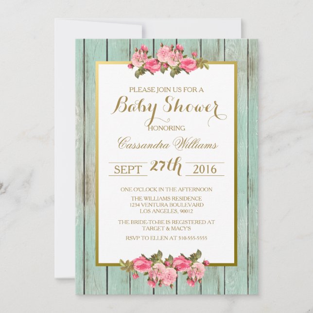 Rubor y menta - invitación floral de Baby Shower (Anverso)