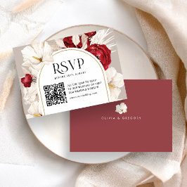 Ruby boda floral roja y blanca RSVP con QRcode