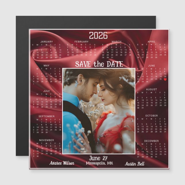Ruby Red Luxury Satin Save the Date Engaged Couple (Anverso/Reverso)