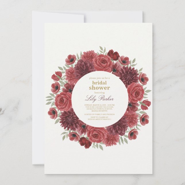 Ruby Red Wild Rosa Bridal Shower Invitación (Anverso)