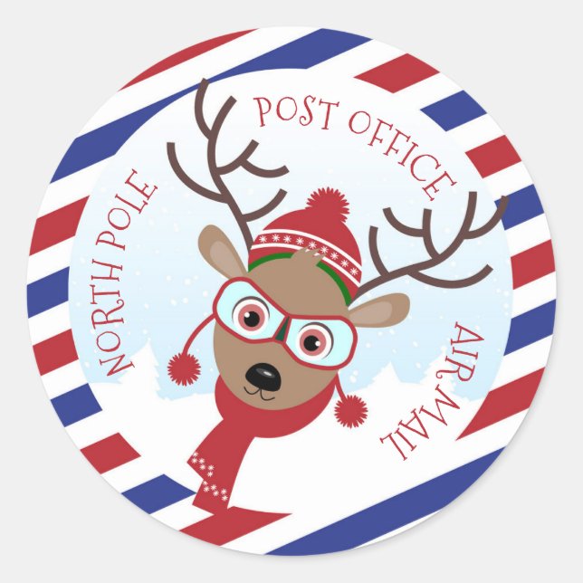 Rudolph North Pole Post Office Round Pegatina (Anverso)