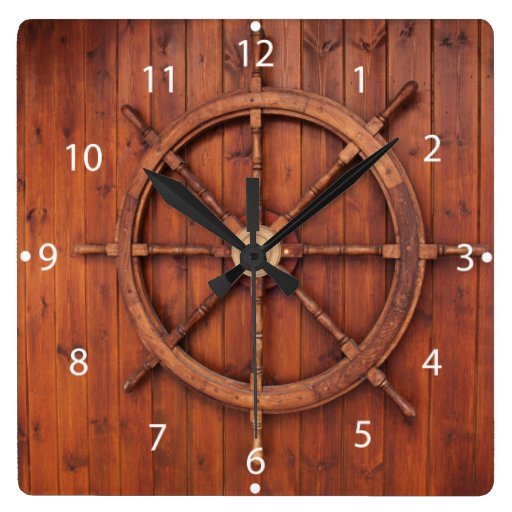 Rueda náutica del timón de las naves en la pared reloj cuadrado