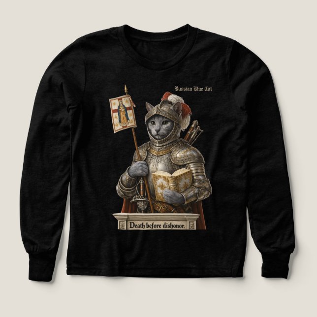 Russian Blue Conquistador Cat – Honor & Legacy (Diseño frontal)