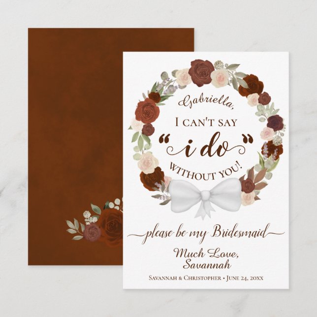Rust Naranja Floral Wreath Be My Bridesmaid Card (Anverso / Reverso)